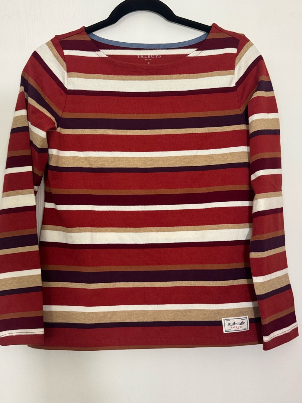 Talbots Red and Cream Striped Long-Sleeve Boatneck Top